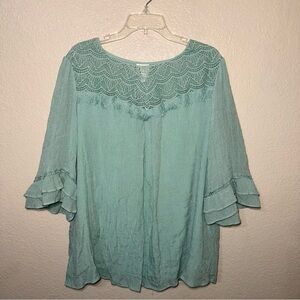 Fig & Flower Teal Lace Yoke Blouse Women’s 2X Boho Ruffle Sleeve Peasant Top